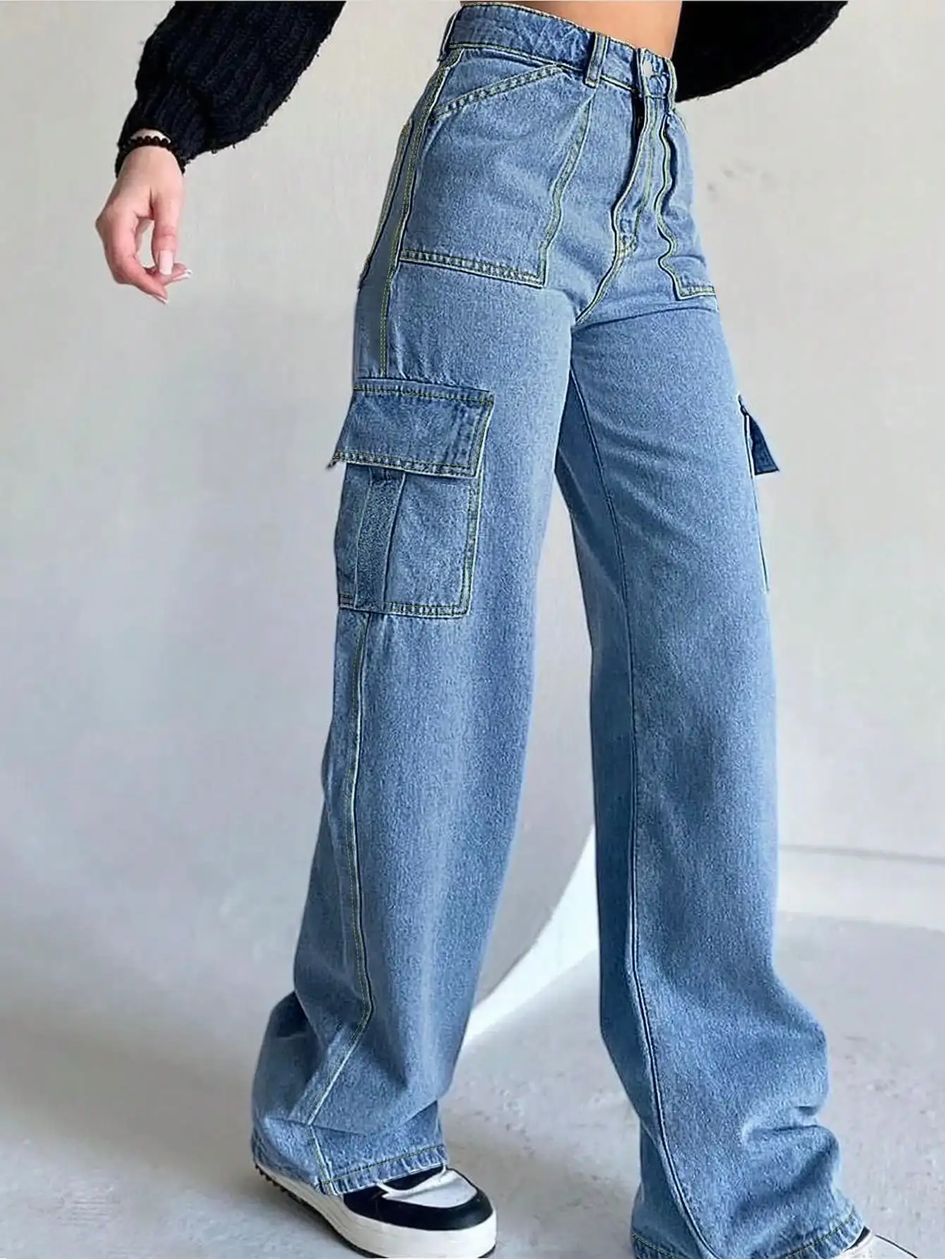 

Women's High Waisted Wide Leg Cargo Jeans 2025 Trendy Contrast Stitch Button Front Non Ripped Denim Fabric Full Length Pant