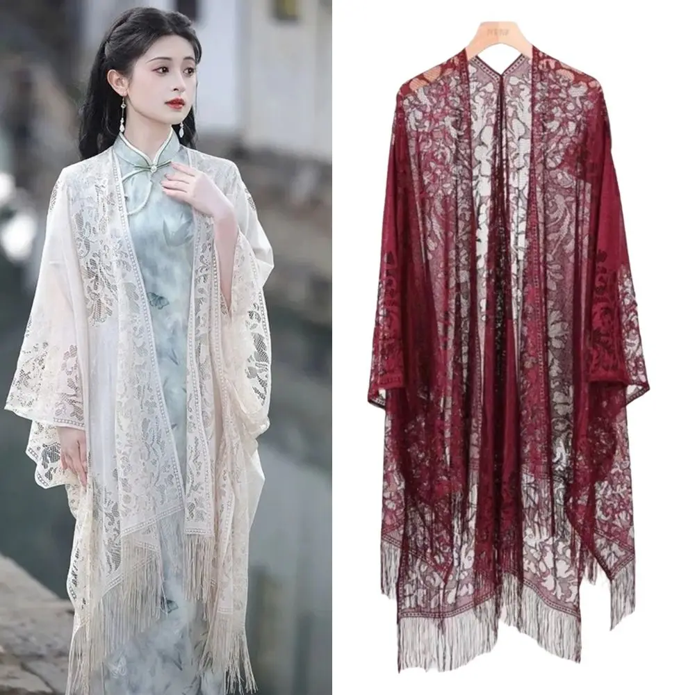 Floral Lace Beach Bikini Cover Up Hollow Floral Loose Fit Kimono Wrap Multi-Purpose Tassel Fringe Sun Protection Scarf For Women