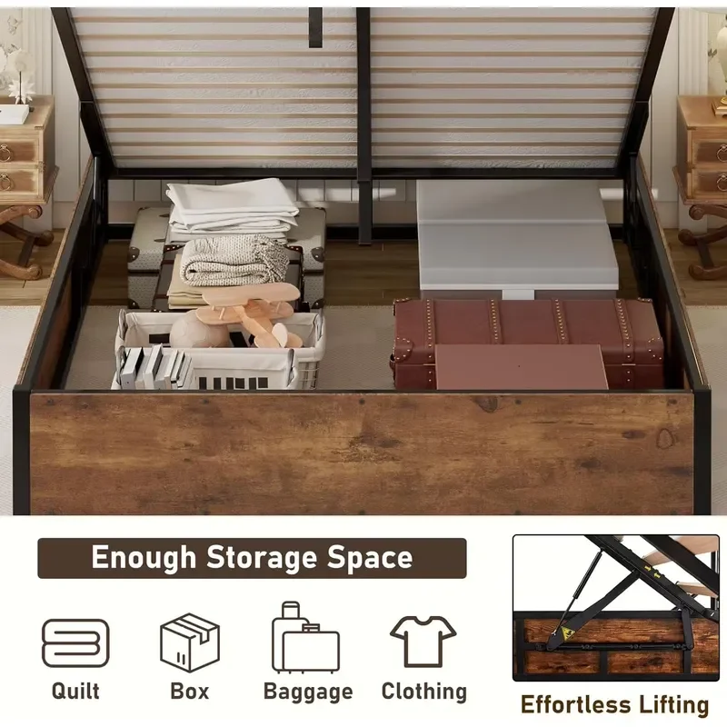 Queen Size Lift up Storage Platform Bed Frame, Metal Bed Frame with Slats Support No Box Spring Needed Large Storage Space