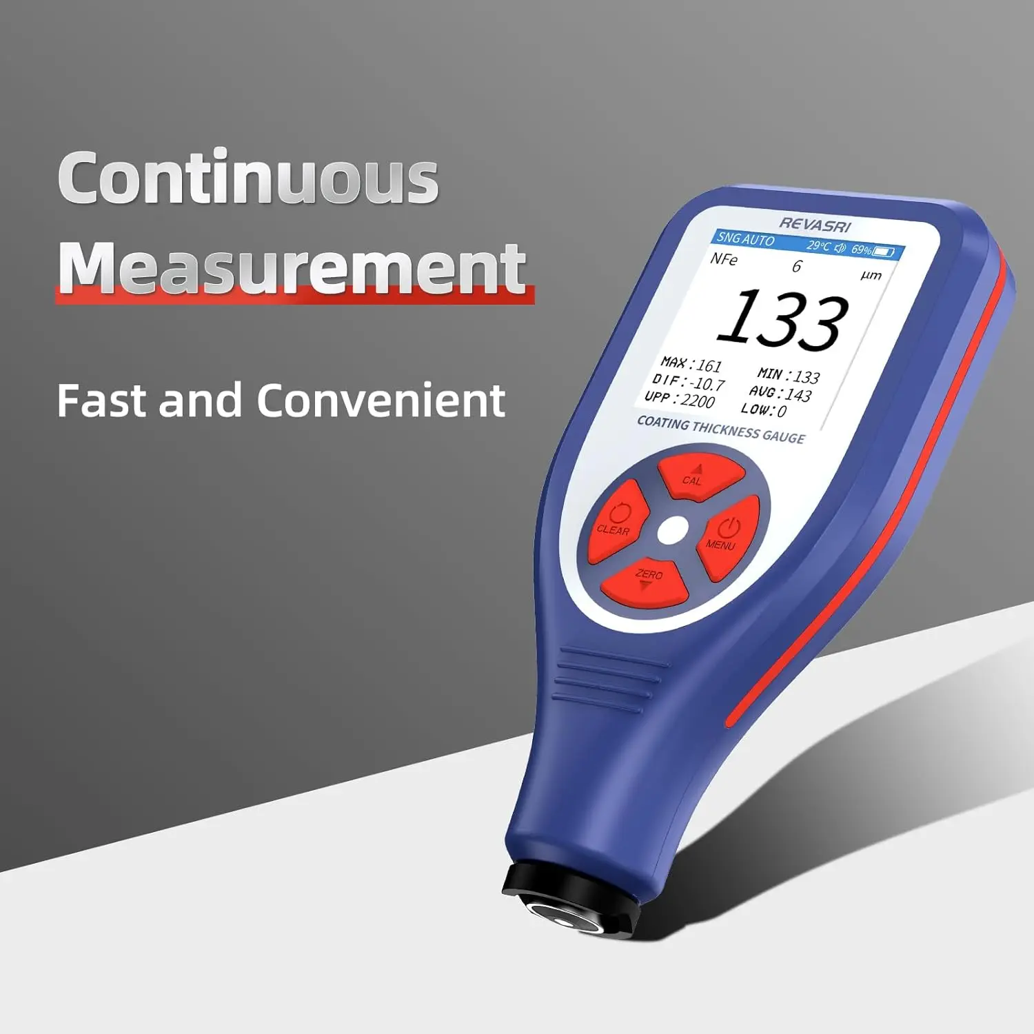 REVASRI Car Coating Thickness Gauge Car Paint Film Thickness Tester Measuring Tool Fe & NFe Coating Meter with Resolution 0.1µm