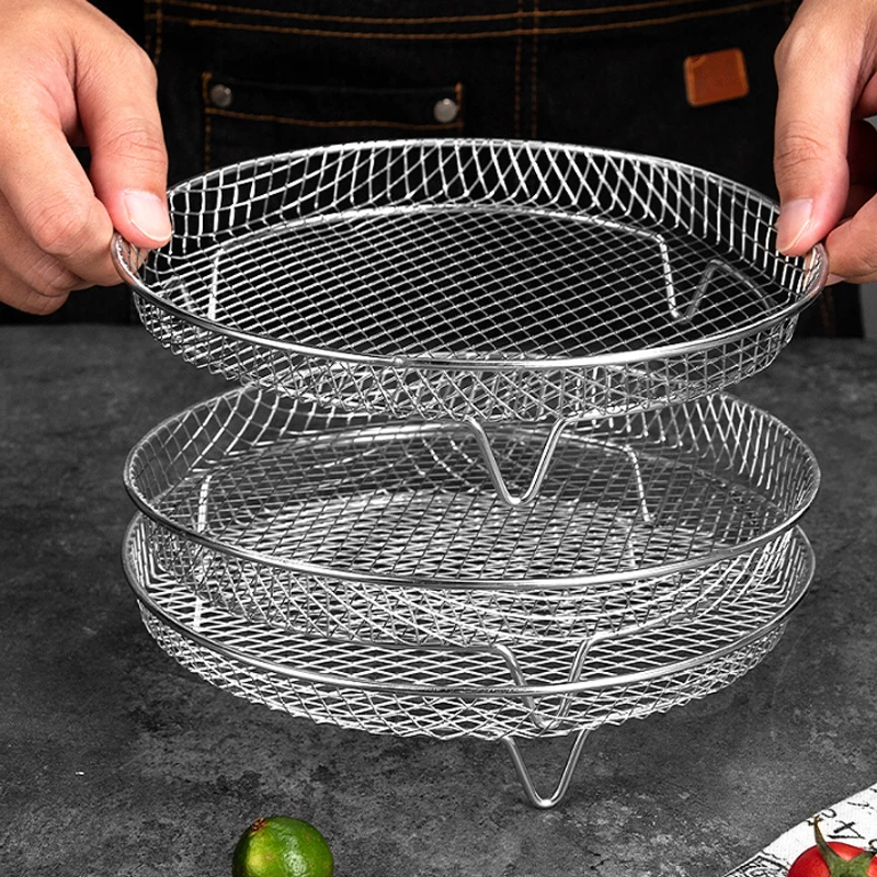 ステンレス製エアフライヤーラック,丸いスチームグリル,積み重ね可能なスチームクッカー,キッチンクッキングツール,3層