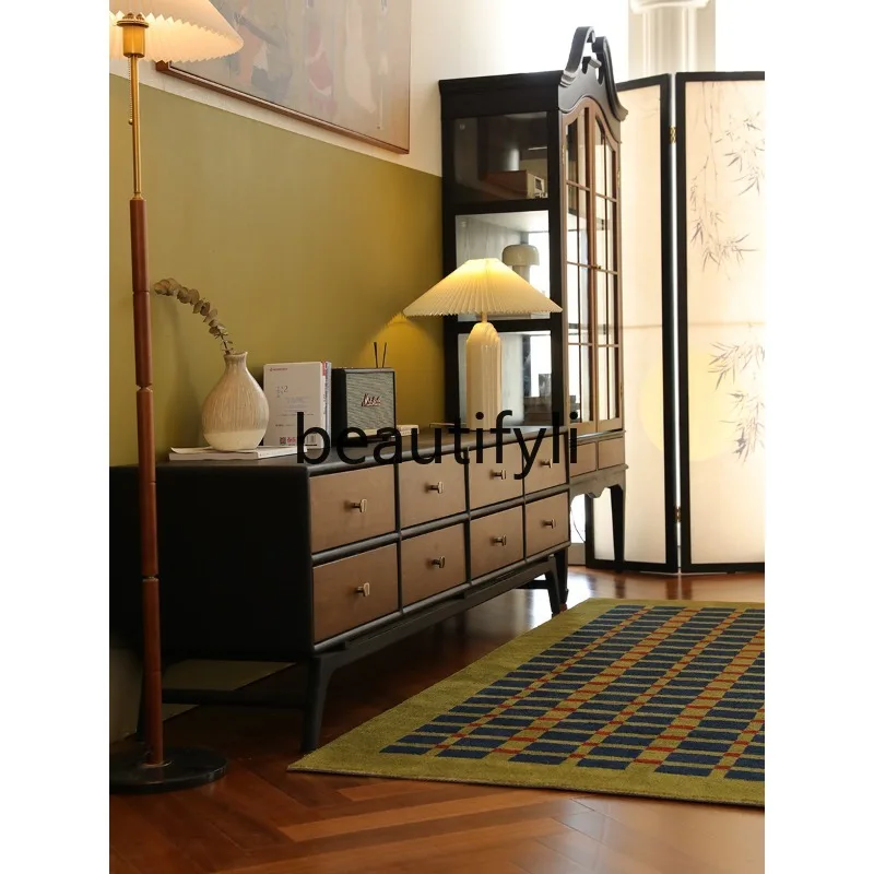 

American Retro Style Matte Black Solid Wood TV Cabinet Cherry Wood Double Color Display Cabinet Simple Storage Chest