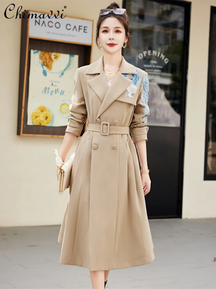 

Fashion Trench Coat Female 2024 Spring and Autumn New High-end Embroidered Slim-fit Elegant Long Sleeve Women's Long Overcoat