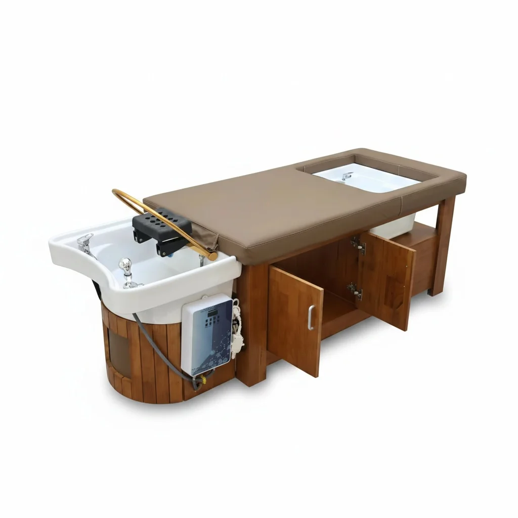 

Кушетка для тайского спа-массажа головы, кресло для мытья головы из нержавеющей стали и дерева, с ванной для ухода за ногами, профессиональная массажная кушетка для салонов и спа-салонов