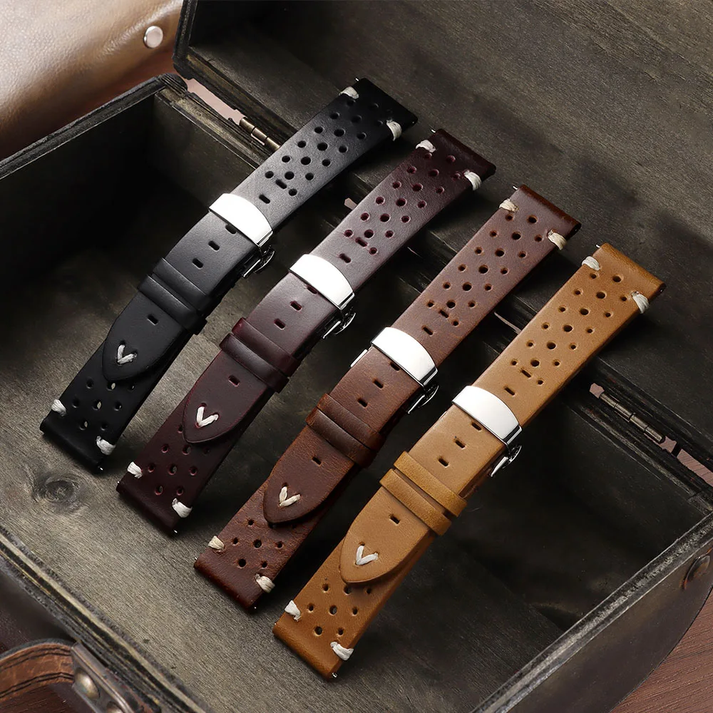 20mm 22mm Oil Wax Leather Bands  Racing Watch Strap Quick Release Brown Breathable Porous Watchbands with Steel Butterfly Buckle