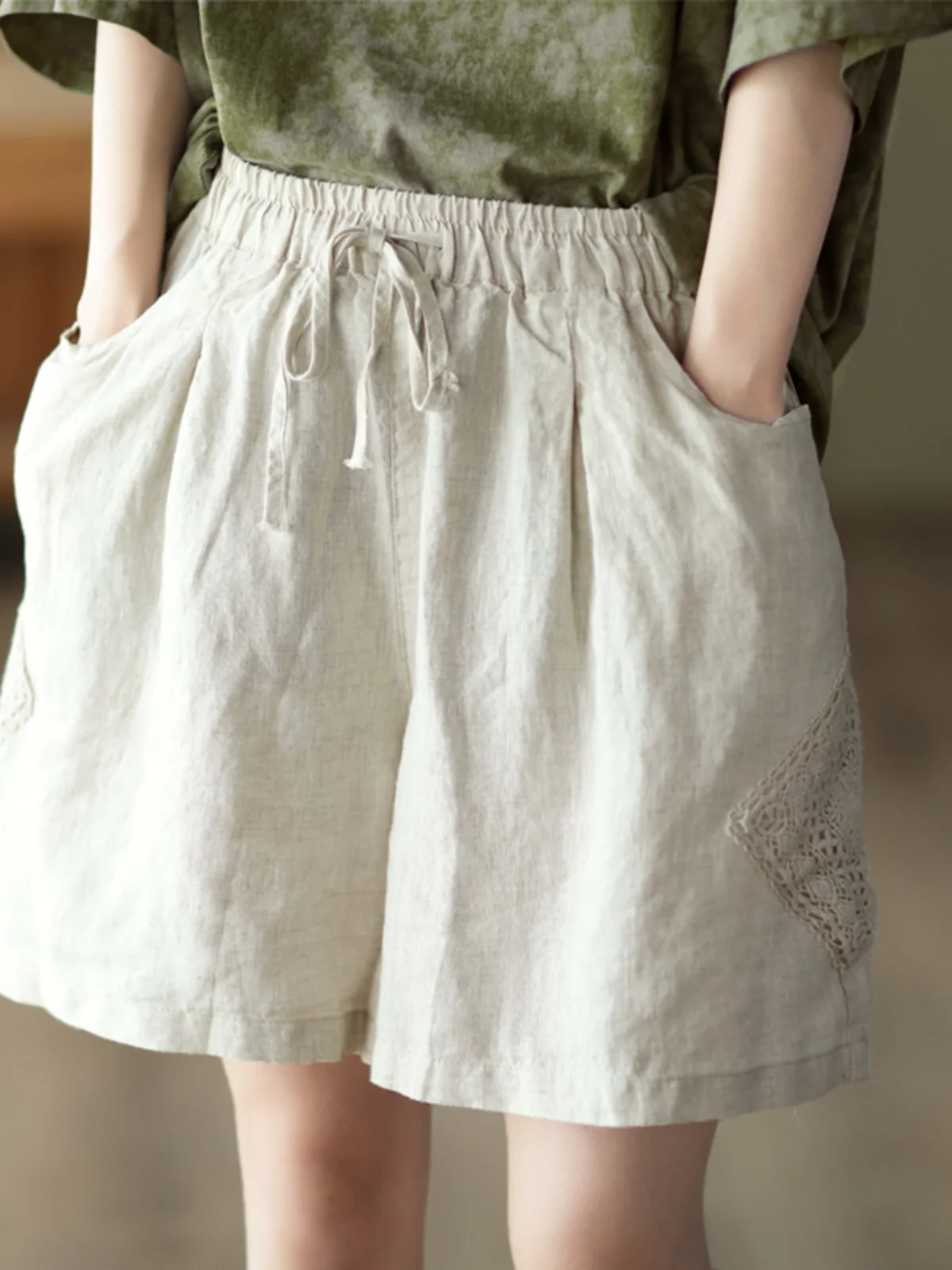 Retro Patchwork Hohl Haken Blume Leinen Breite Bein Hosen Frauen Sommer Belted Elastische Taille Lose Fit Casual orts