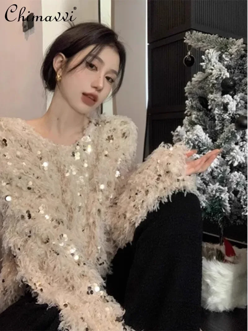 

2024 New European Autumn and Winter Heavy Industry Sequins with Bottom Shirt High-end Bright Sparkling Sweater For Women