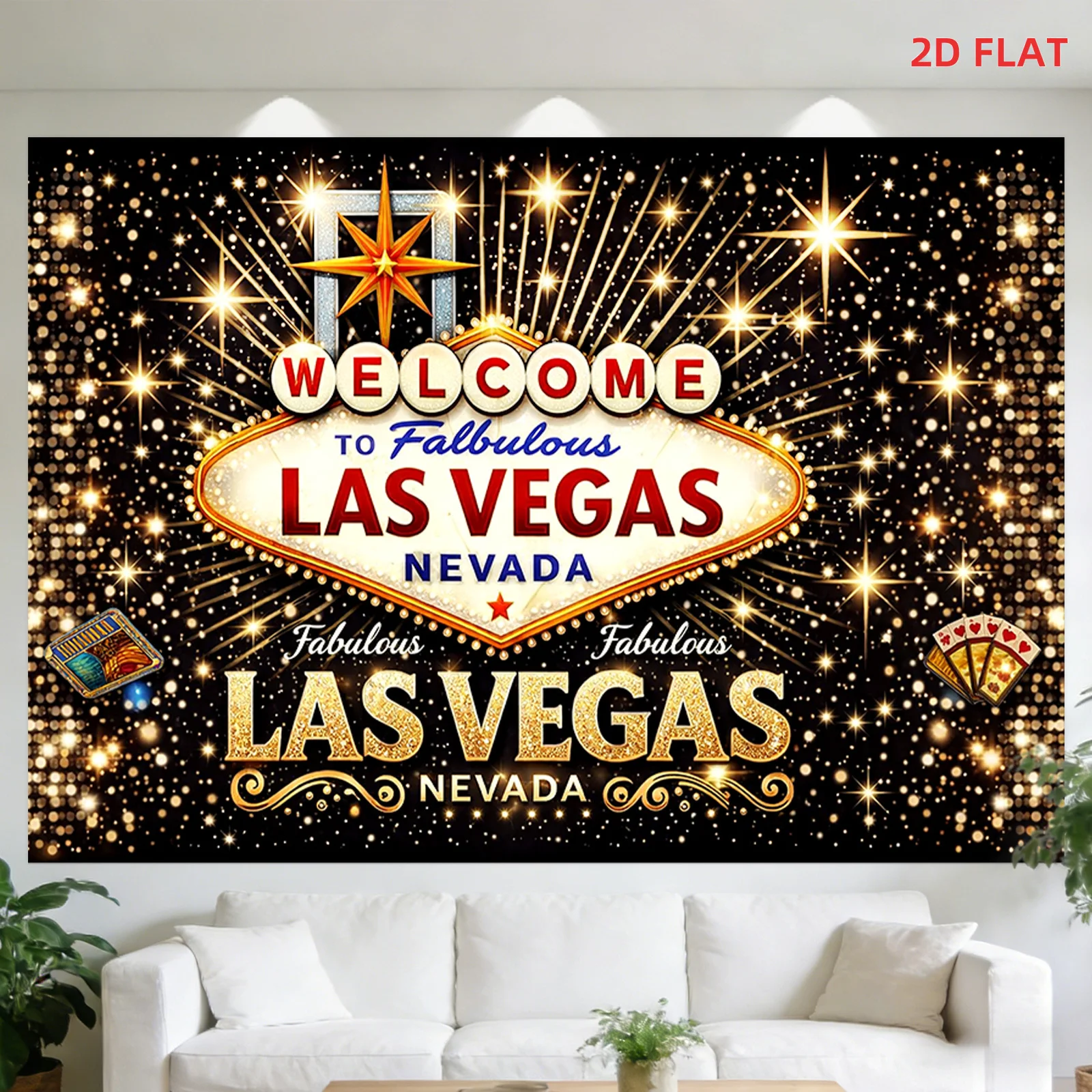 Welcome to Las Vegas Tapestry, Neon Casino Sign Art, Glitter Gold Wall Hanging, Retro Cityscape Decor, Party Room Backdrop
