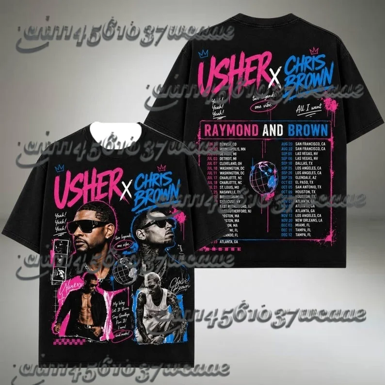 

2026 KPOP Tour Same Style Pink Blue Graffiti Usher X Chris Brown Themed Fan Gift Summer Oversized Unisex T-shirt FamilyMatching