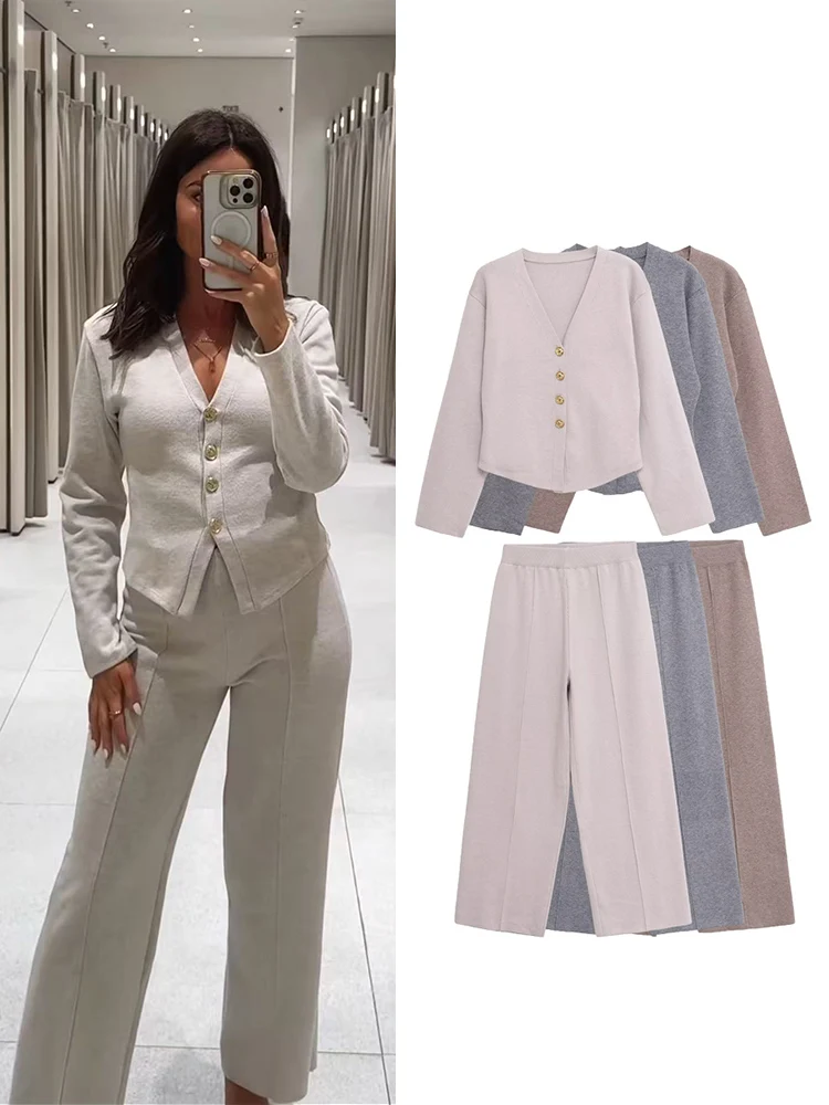 TFMLN 秋のストレートパンツセット レディース シンプルVネック 通勤トップス ファッション ハイウエスト ストリートウェア 女性用パンツ ツーピースセット