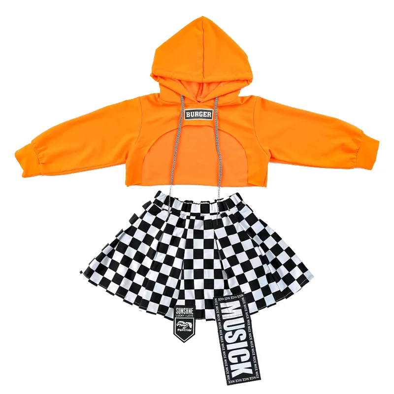 Checkered Skirt for Girl Dance Costume Clothes Kid Hip Hop Clothing Hoodie Sweatshirt Crop Top Long Sleeve T Shirt Streetwear