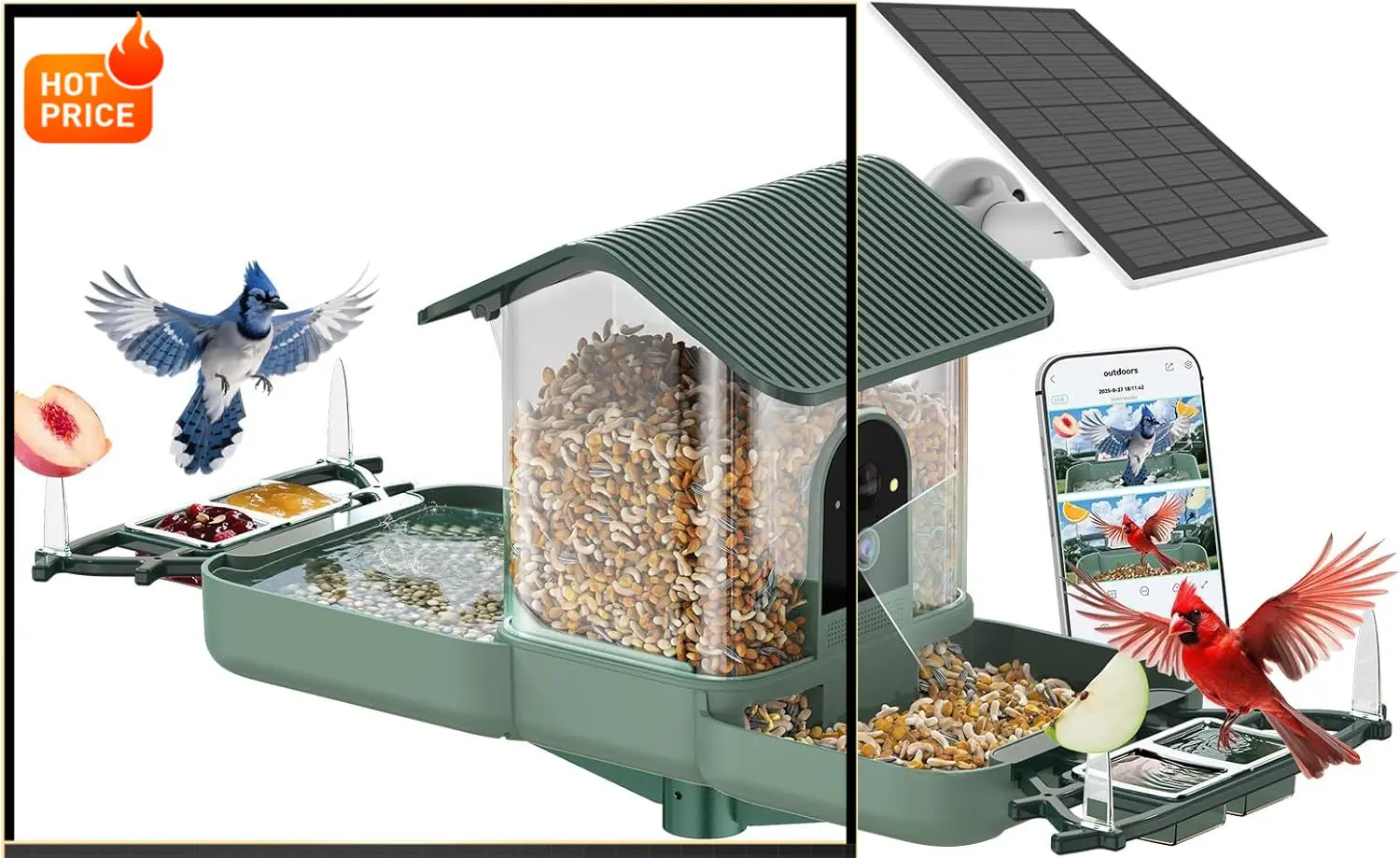 

Бестселлер: Двухкамерная кормушка для птиц с камерой и ванной для птиц, наблюдайте за едой и купанием птиц с Wi-Fi, видео 2K HD, автоматическая запись, ИИ-рекордер