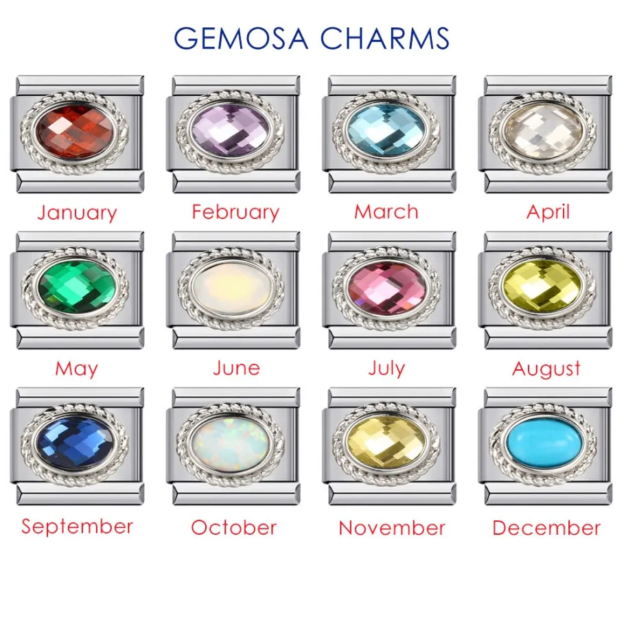 URING Fashion Colorful Zirconia Elliptic 12 Birthstone Italian Charm Links Fit 9mm Bracelet Stainless Steel Jewelry DIY Making