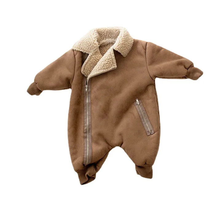 Baby Children\'s Winter One Piece Cashmere Creeper Thickened Jumpsuit Lapel Baby Lamb Cashmere Creeper