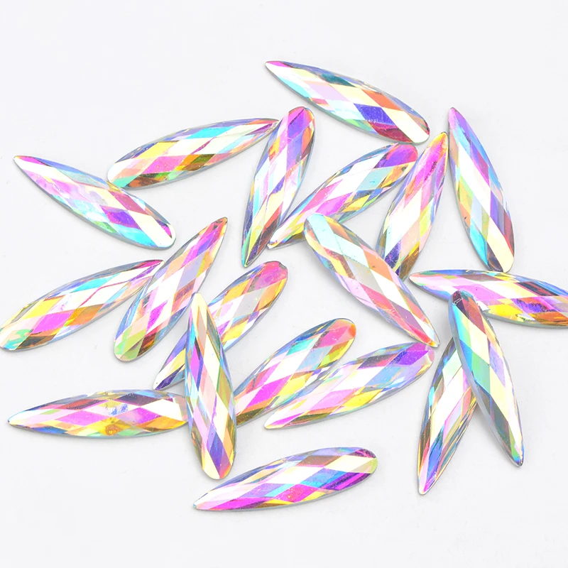 JUNAO 20Pcs 9*36mm Large Crystal AB Teardrop Rhinestone Flat Back Glue On Acrylic Strass Applique Non Hotfix Crystal Stones