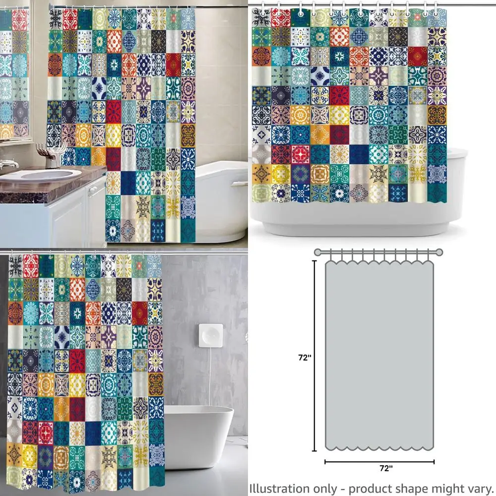 

Vintage Moroccan Bohemian Shower Curtain - 72 x 72 Patchwork Floral Fabric Set with Hooks