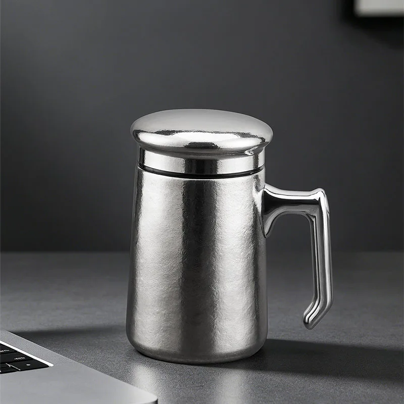 420ml Pure Titanium Office THERMOS Cup with Handle and Tea Strainer,Double-layer Vacuum Drinking Set,Business THERMAL Water CUP