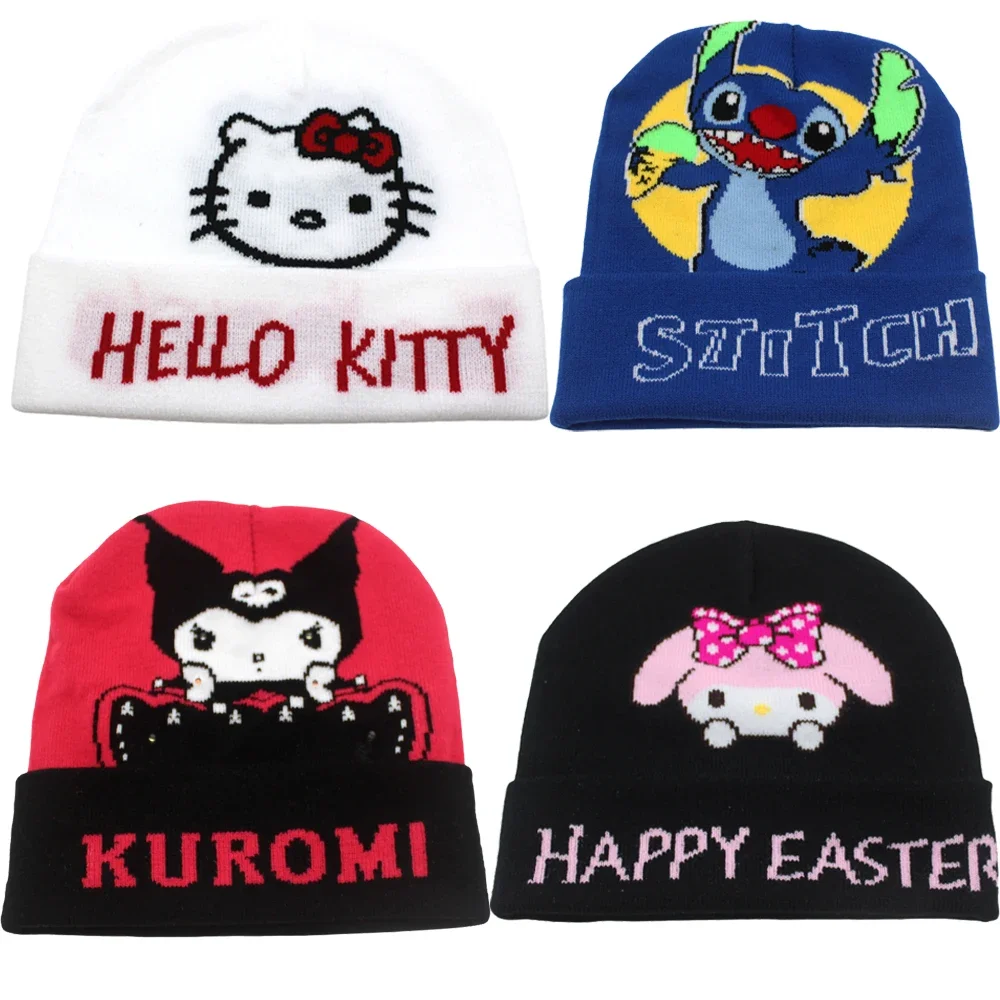 Anime Figure Sanrios Kuromi Cinnamoroll My Melody Hellokittys Jacquard Knit Hat Hip Hop Warm Pullover Wool Cap Gifts