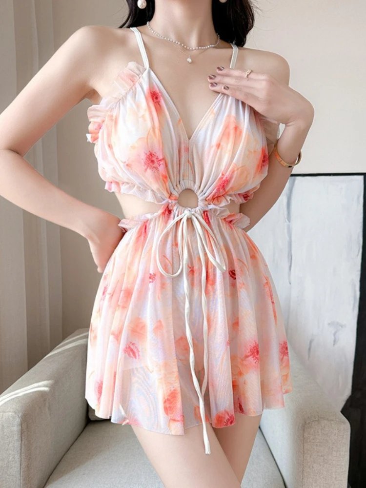 Sexy One Piece Swimsuit Women Tummy Control Boyleg Modest Holiday Hot Spring Swimwear view 2