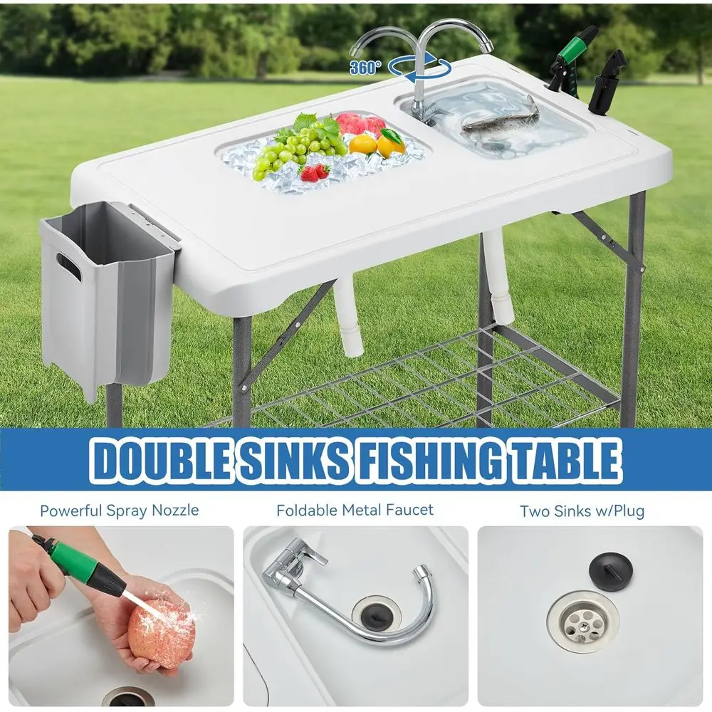 Portable Double Sink Fishing Cleaning Station with Faucet, Drain, Sprayer, Knife, and Storage, Black