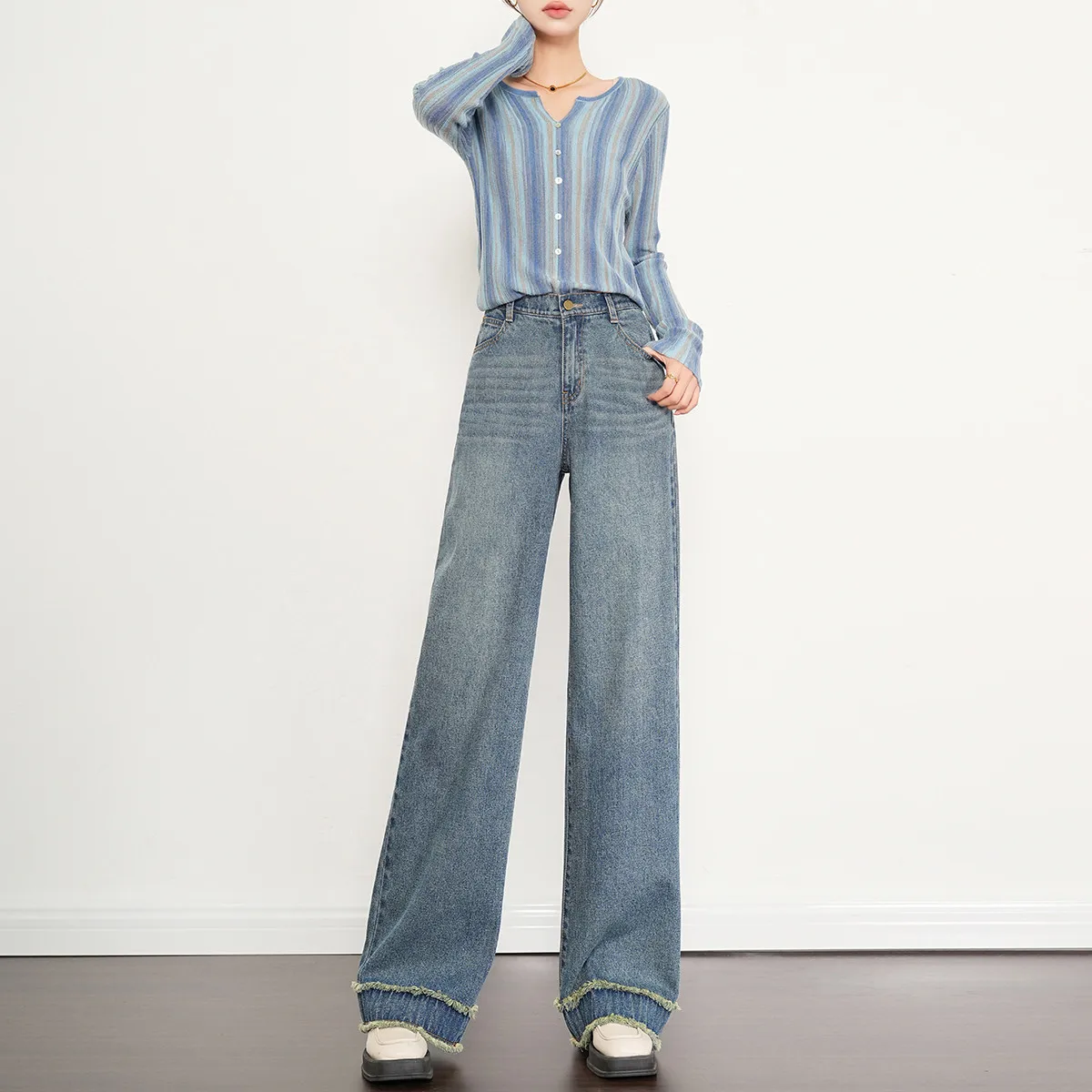 LOUIS YAO 2025 Autumn High Waist Straight Leg Edge Jeans Fashionable Retro Casual Washed Long Jeans for Women