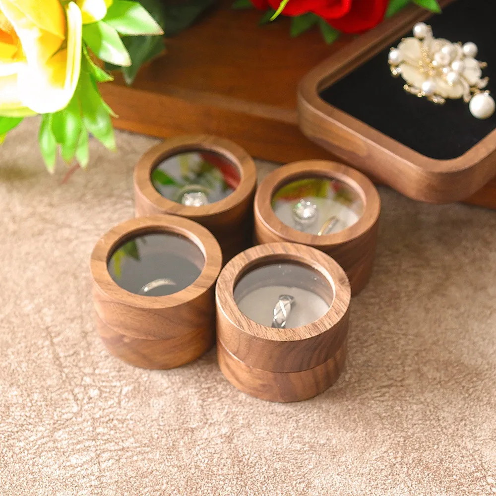 Rotundity Up and Bottom Cover Ring Display Box Fashion Black Walnut Wood Jewelry Box Dustproof Open The Window Ring Storage Box