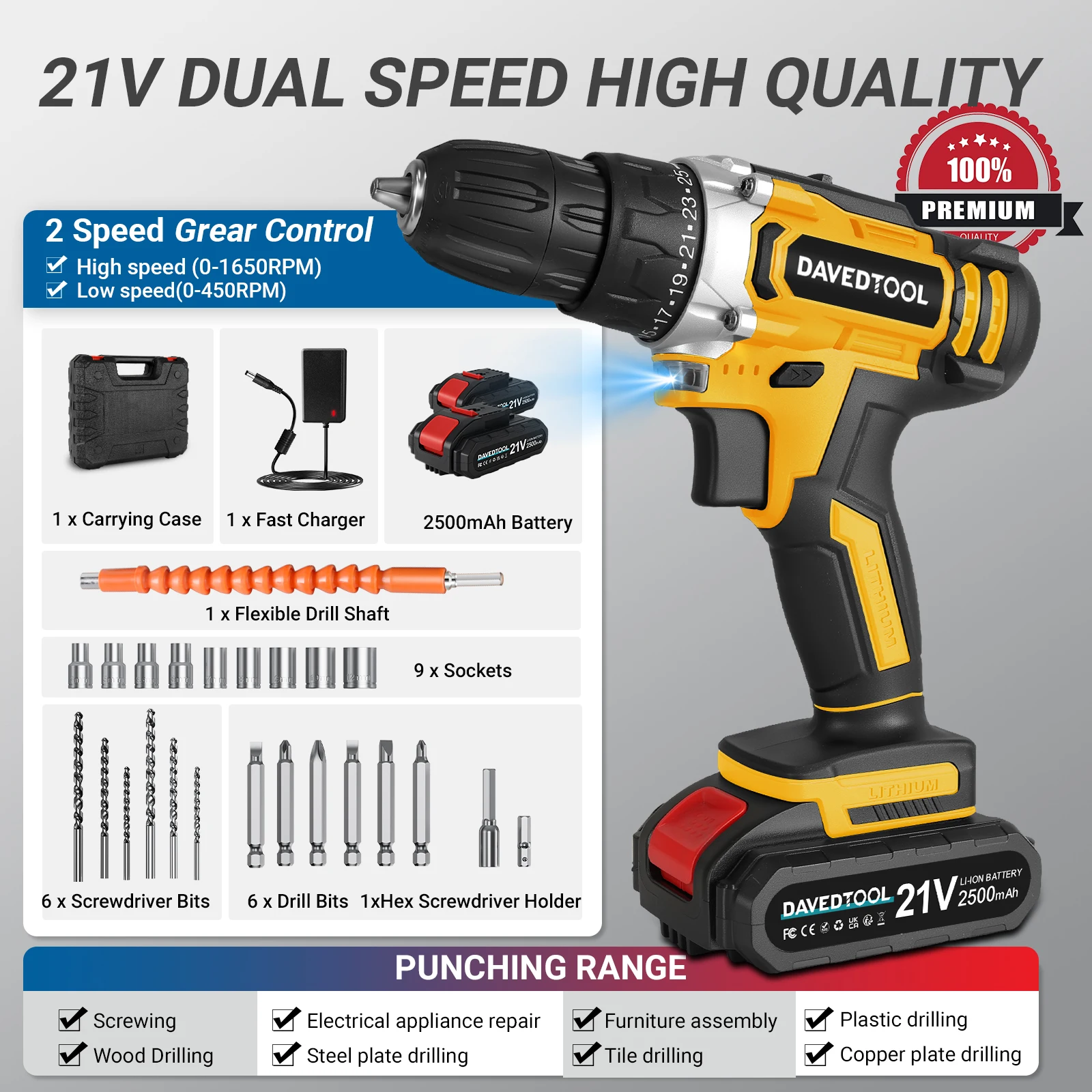 CONENTOOL 21V Cordless Drill  Multifunctional Impact Screwdriver 1/2x2.5Ah Battery 24pcs Tool 2 Gear Speed Electric Drill Driver