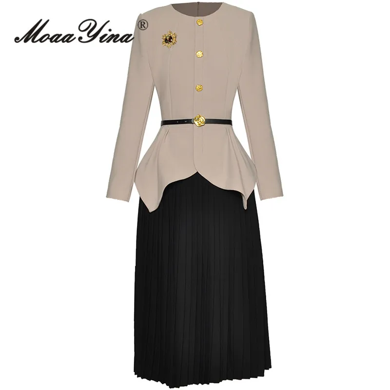 

MoaaYina Autumn Fashion Runway Vintage Hit Color Skirt Set Women O Neck Brooch Button Sashes Slim Coat+Pleated Skirt 2 Piece Set