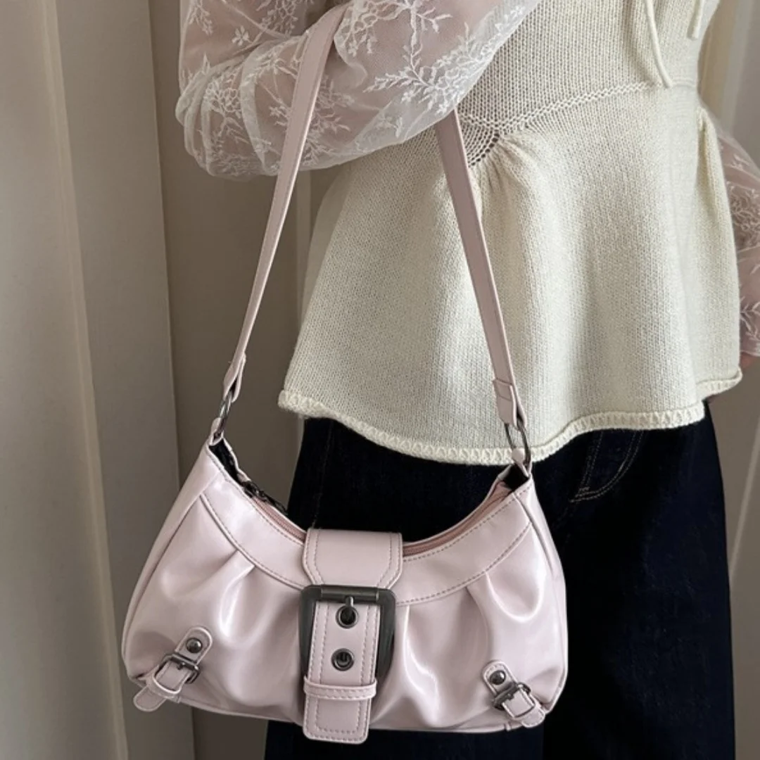 Retro Motorcycle Shoulder Bag with Metal Buckle for Women Street Style Daily Commute Y2K Armpit Purse with Zipper Closure