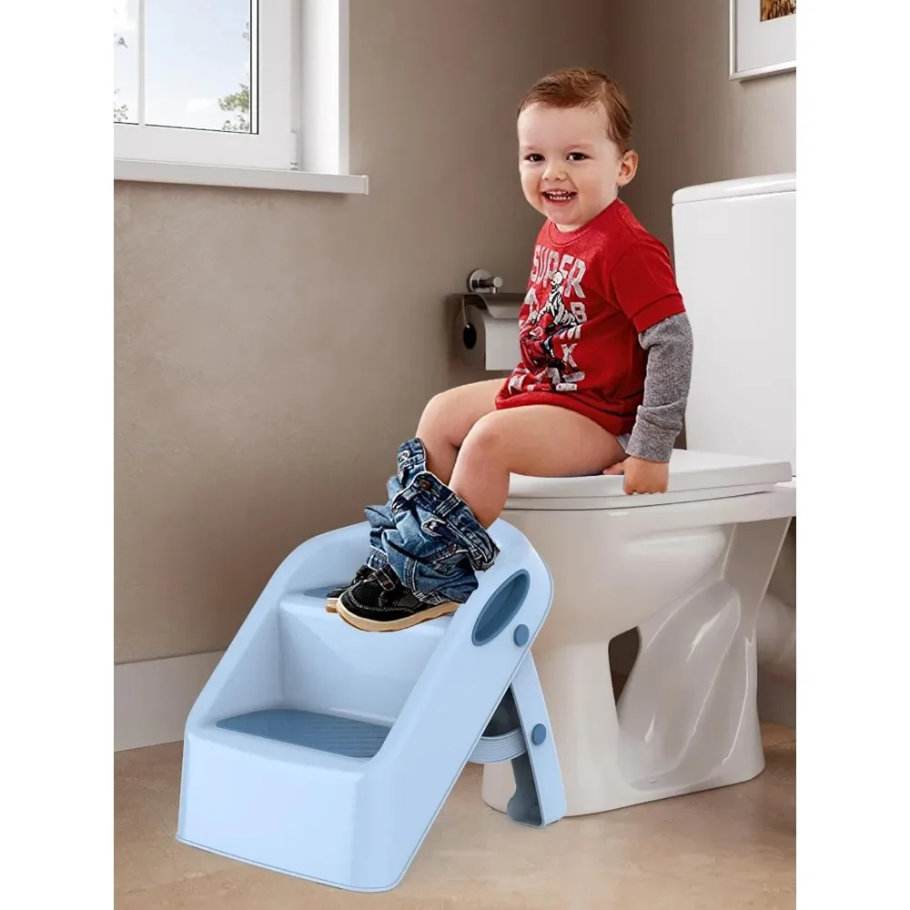 Toddler Kids Step Stool for Bathroom Sink Blue | Foldable 2 Step Stool for Kids 1-4 Years Old | Dual Height 15.5