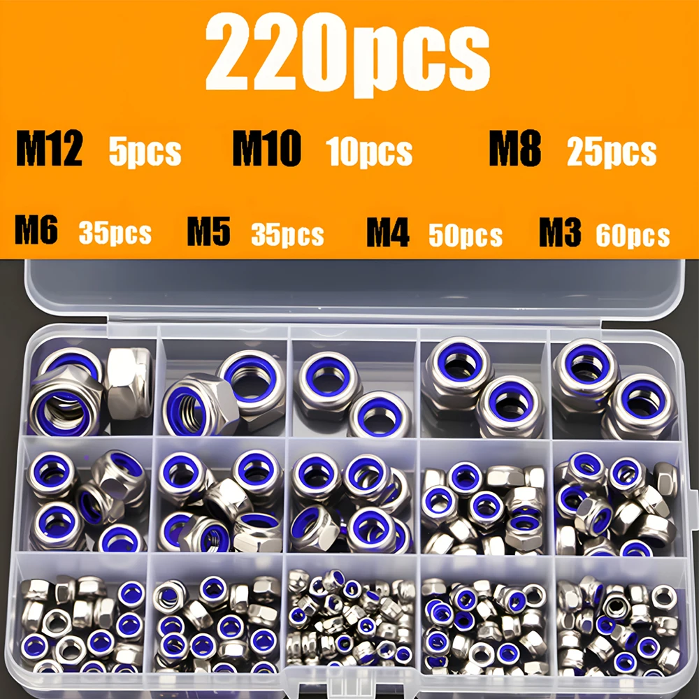 220pcs Stainless Steel Metric Locking Bolt Kit, Nylon Insert Hexagon Locking Bolt M3 M4 M5 M6 M8 M10 M12, Polished Surface, Corr