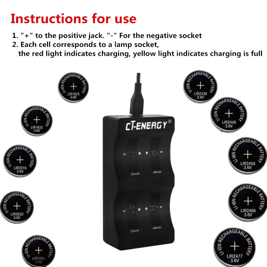 Intelligent multi-coin lithium battery universal charger LIR2016, LIR2025, LIR2032, LIR2450, LIR2477 4.2V DC40MA