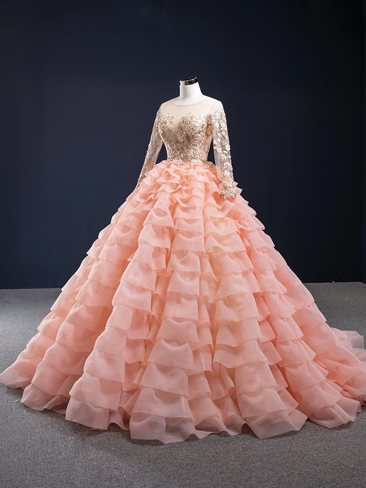 Pink Charro Quinceanera Dresses Ball Gown Long Sleeves Tulle Appliques Tiered Puffy Mexican Sweet 16 Dresses 15 Anos