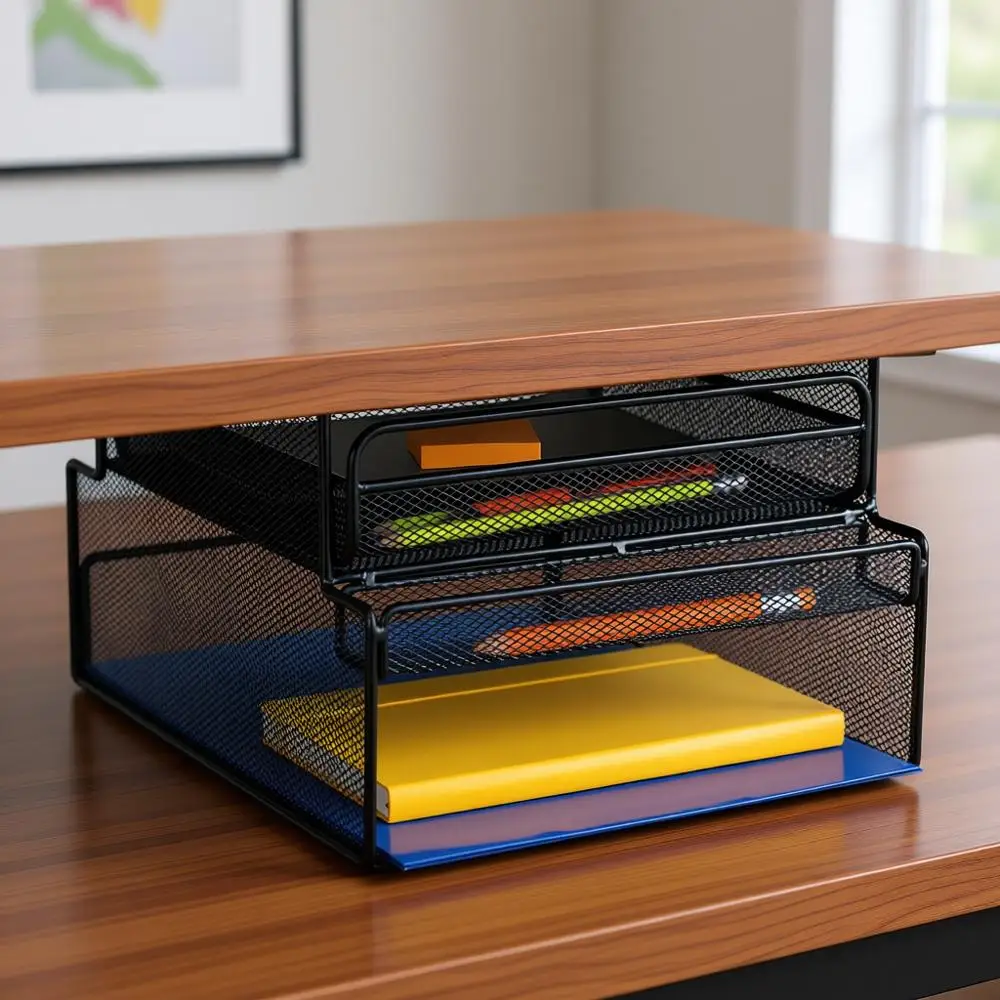 

Deluxe Mesh Under Desk Hanging File & Paper Organizer, Black, Ideal for Home, Office & Classrooms