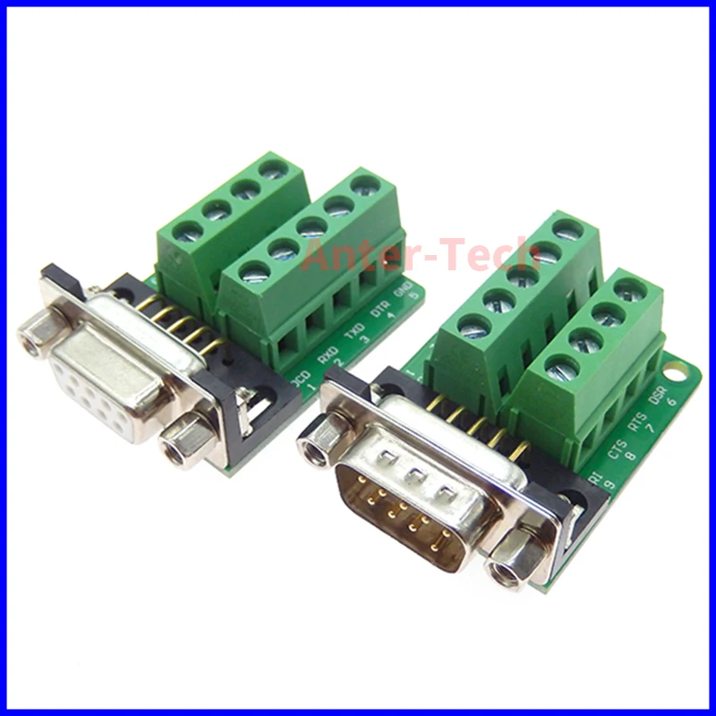 1PCS DB9 RS232 Serial to Terminal male Adapter Connector Breakout Board Black+Green