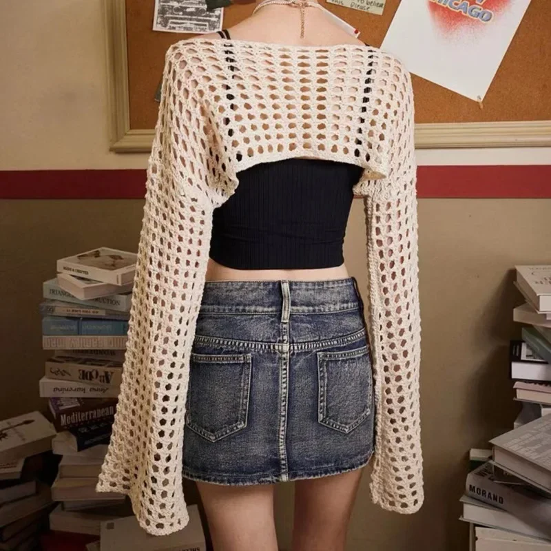 Femmes Y2k Crochet tricot évider haut court à manches longues évasées haussement d'épaules pull maille couverture Ups Cardigan Streetwear pull femmes