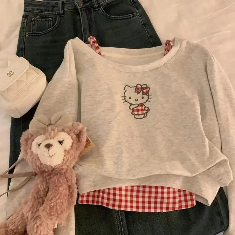 

Sanrio Girls Sweatshirt 2Pcs Hello Kittys Children New Style Suspender Cute Sweetheart Off Shoulder Versatile Plaid Vest Small