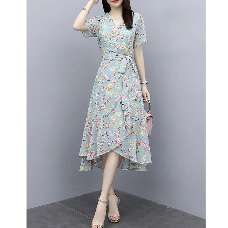 2023 New Summer Fashion Commuting Simple V-neck Printed Lace Up Waist Covering Belly Temperament Casual Irregular Dress