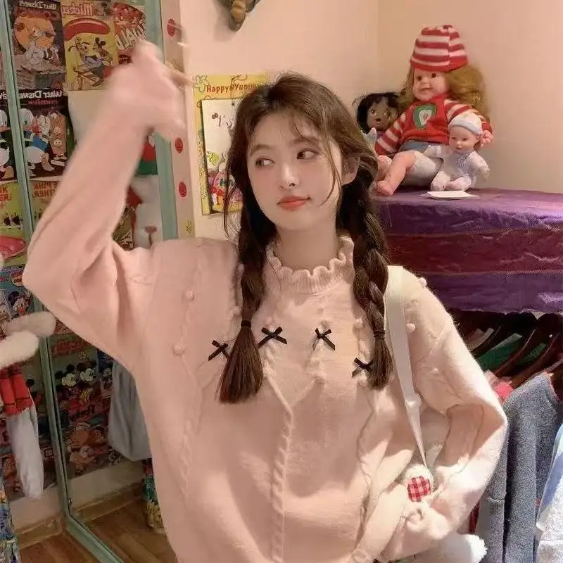 

Японский розовый свитер с круглым вырезом и бантом для женщин, осенне-зимний, новый стиль, свободный, в стиле «ленивый шик», утолщенный пуловер, топ