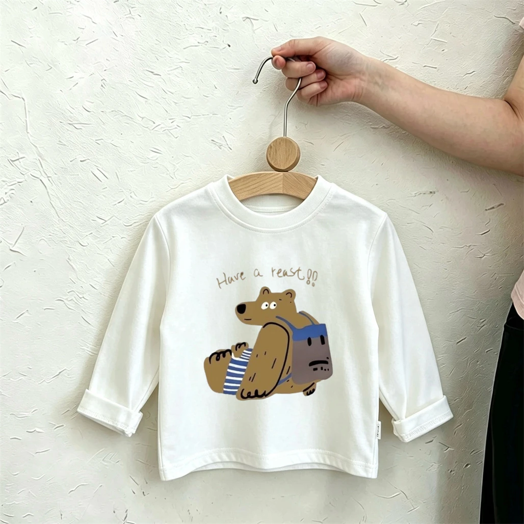Long-sleeved Tops Children New Design Tees Cartoon Printed TShirt Fashion Casual Wear Simple All-match Tees Pure Cotton Wear