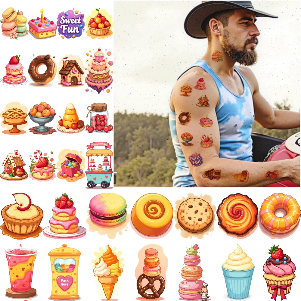 

63 шт., временные татуировки, макароны, водонепроницаемые, долговечные наклейки для тела, пончик, печенье, временные татуировки, наклейки, леденец для мальчиков