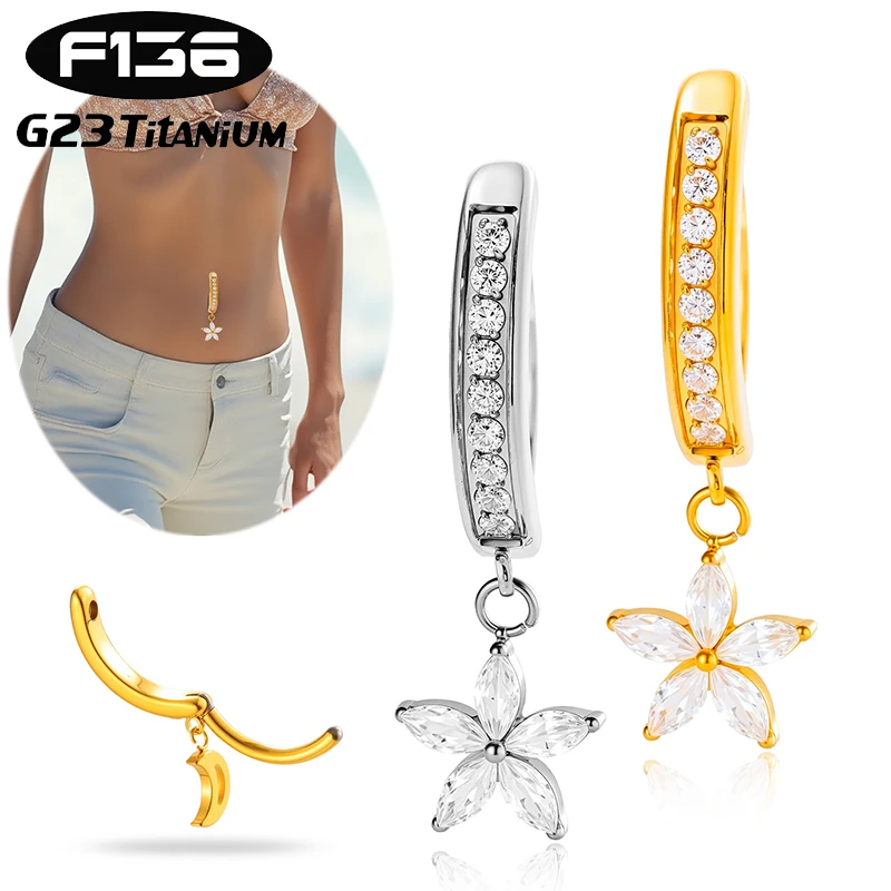

1PC Implant Grade G23 Titanium Cz Flower Pendant Belly Button Ring Clicker Belly Clip Navel Ring Curved Barbell Piercing Jewelry