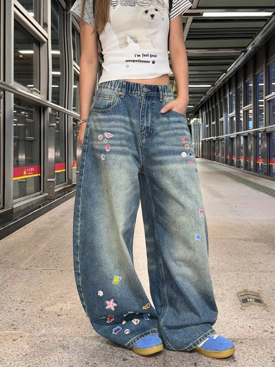 

American Retro Cartoon Stier Print Curved Knife Jeans Casual Loose Slimming Wide Leg Long Pants ex High Waist Jeans