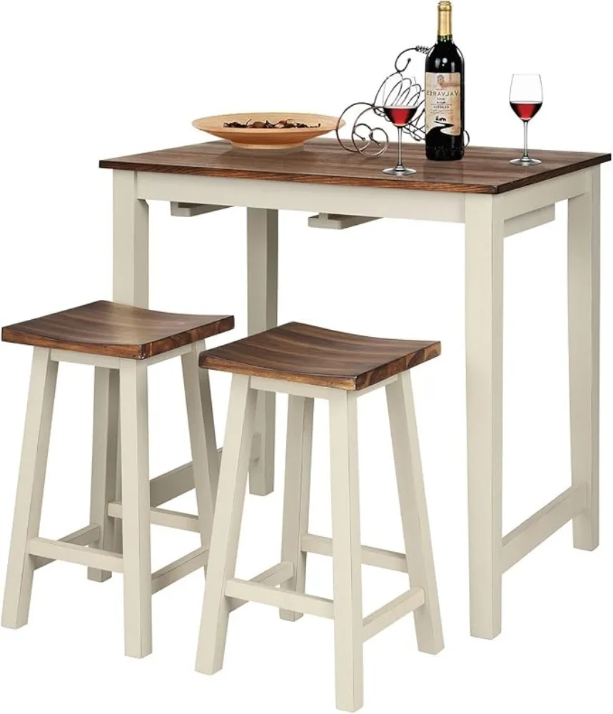 3 Pieces Dining Set, Counter Height Pub Table Set with 2 Saddle Stools, Industrial Wood Breakfast Table Set for Bar, Kitchen