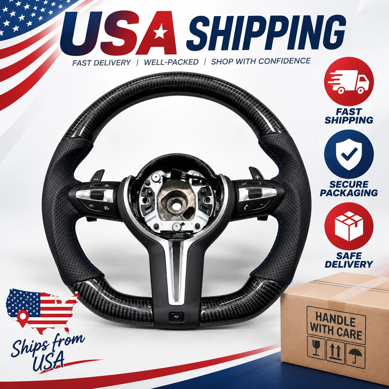 For BMW F30 F32 F20 F87 F80 F82 F21 F22 M3 Style Carbon Fiber Quick Release Steering Wheel with Paddle Shifters Leather Finger Grips Direct Fit