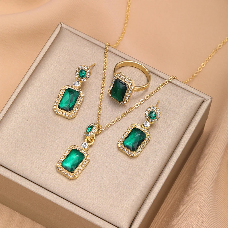 

4PCS Vintage Square Statement Green Zircon Pendant Necklace Ring Earrings Wedding Jewelry Set ﻿Fashion Bridal Gifts