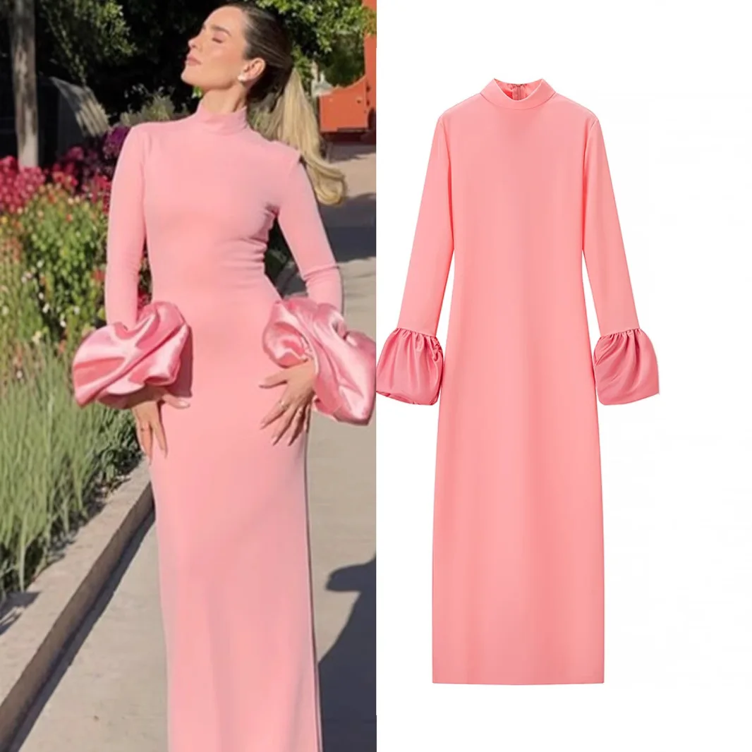 

Женское сексуальное и элегантное платье: модное повседневное, с высоким воротом, рукавами-фонариками, длинная юбка, однотонное, облегающее, с длинными рукавами