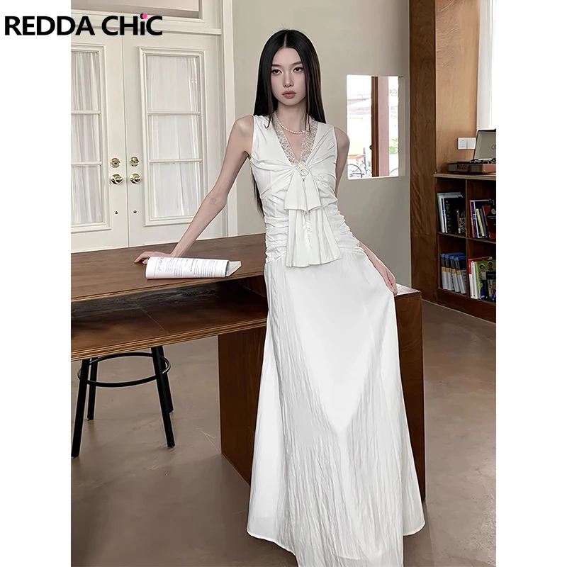 

REDDACHiC белое платье с цветочной аппликацией, женское праздничное повседневное платье на бретельках с кружевной отделкой и v-образным вырезом, длинное платье трапециевидной формы макси, летняя одежда