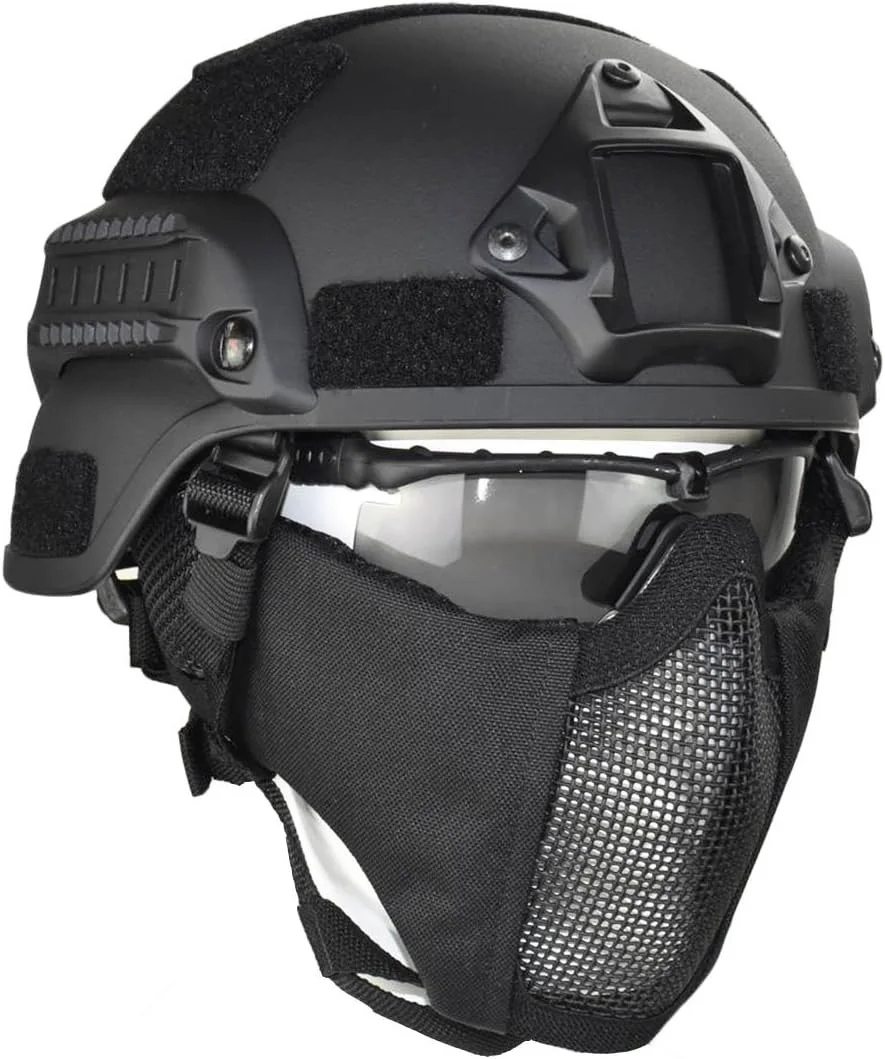 

Mich-2000 Style Ach Tactical Helmet With Foldable Double Strap For Ear Protection, Half-Face Mesh Mask And Goggles