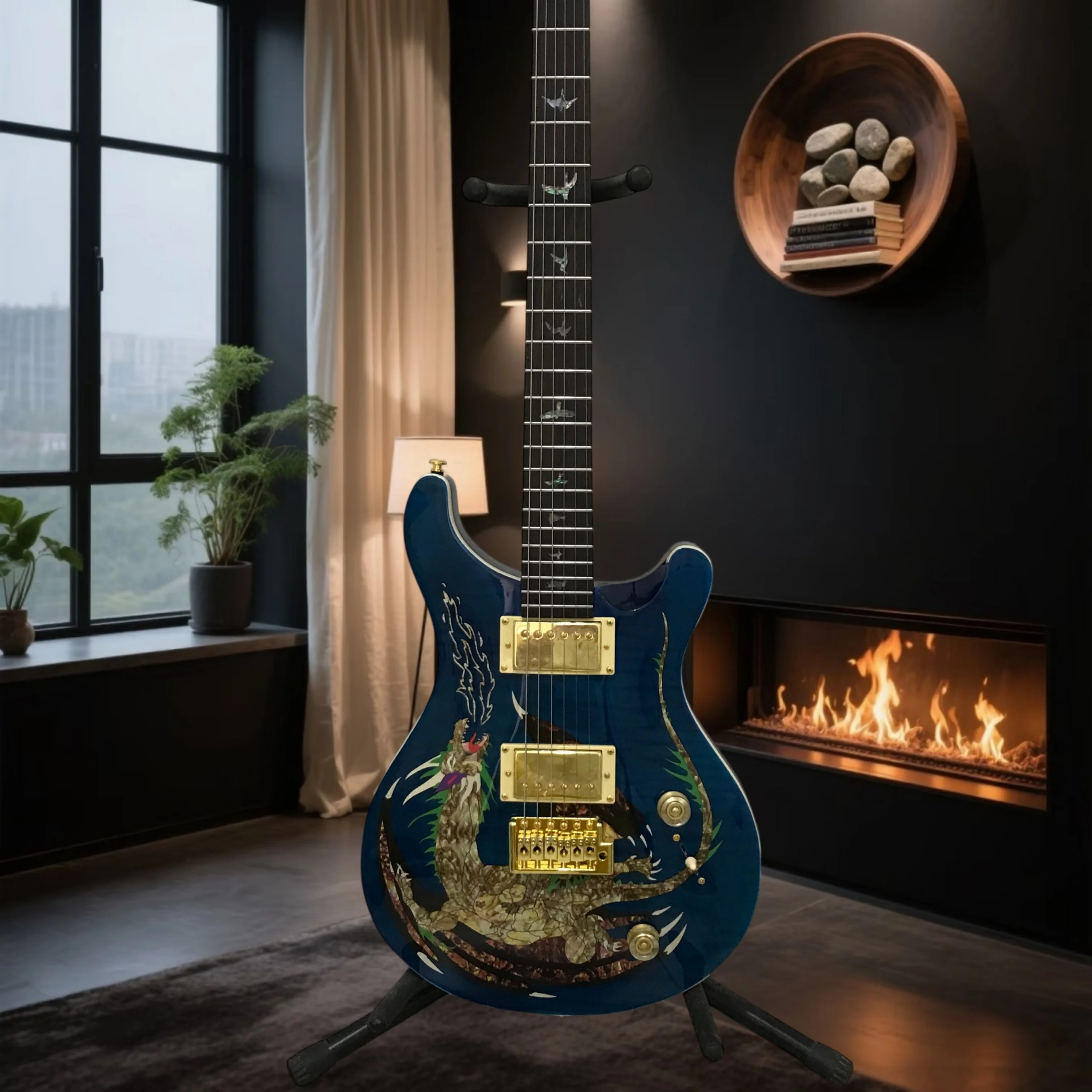 Blue Art Painted PRS Electric Guitar Small Tremolo Dual Humbucker Thick Tone Rock Hard Rock Stage Performance Advanced Player